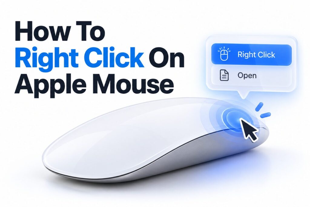 Hand right-clicking on an Apple Magic Mouse on a desk next to a Mac